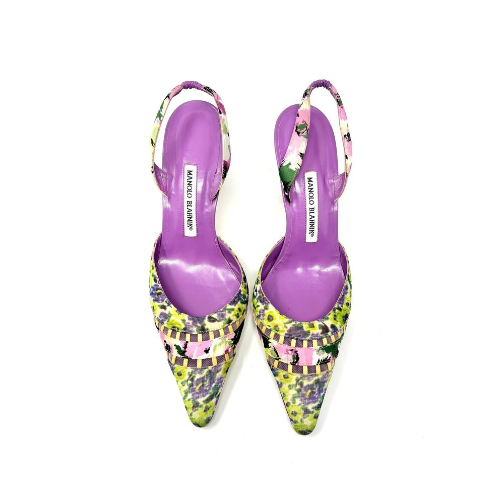Manolo Blahnik Carolyne Floral Multicolor Slingback Kitten Heel Pumps EU 39